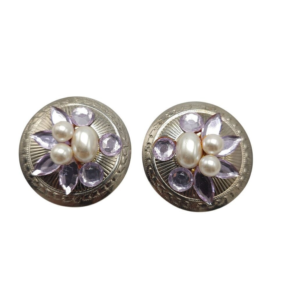 Vintage 1980s Floral Silver Tone Clip-On Earrings Faux Pearls Purple Rhinestones